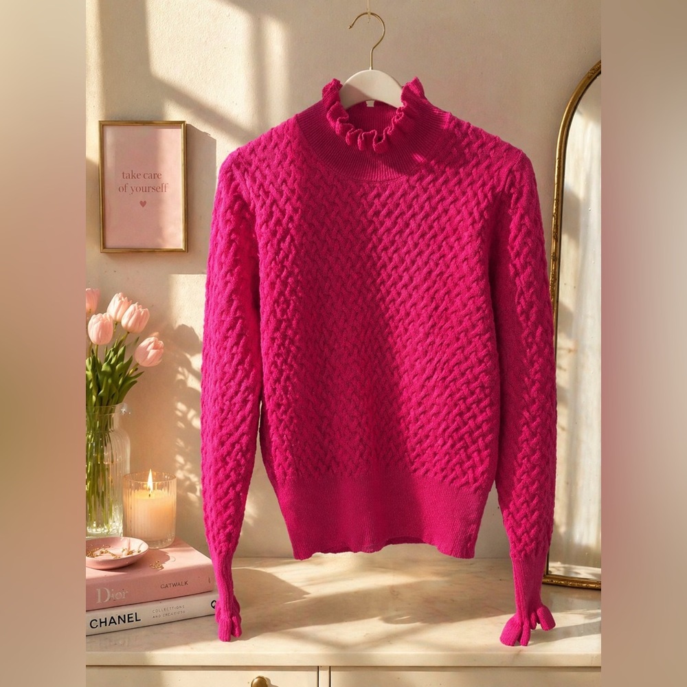 Bright Pink Cable-Knit Ruffle Mock Neck Sweater